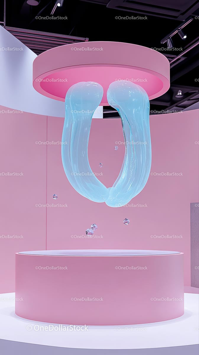 Futuristic Neon Blue Sculpture with Pink Background in Modern Gallery