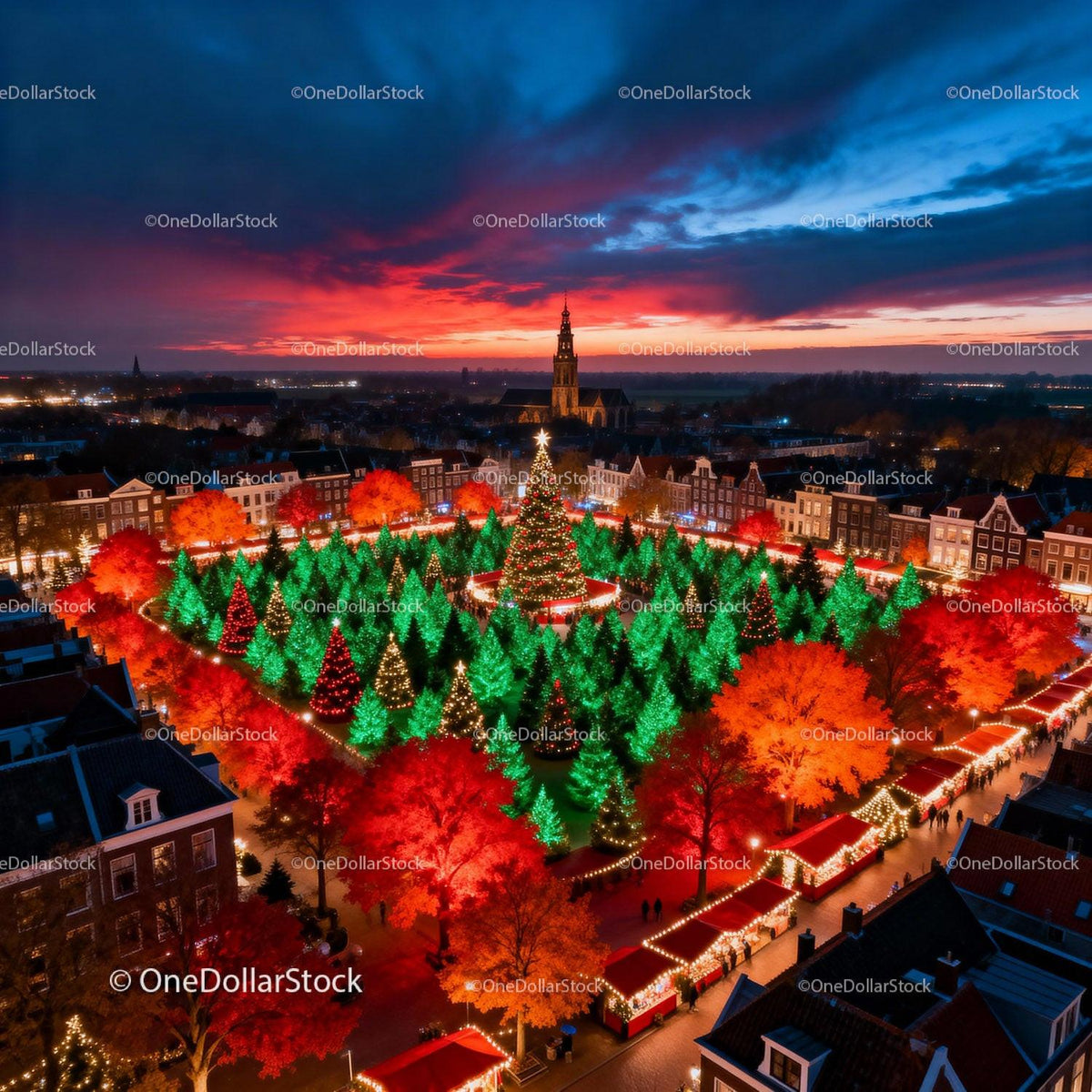 Vibrant Christmas Tree Market Under Dramatic Sunset Sky