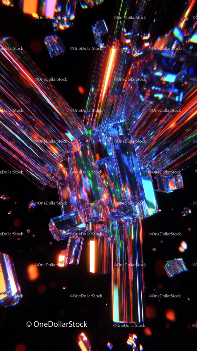 Colorful Neon Light Trails and Glass Crystals in Abstract Digital Art