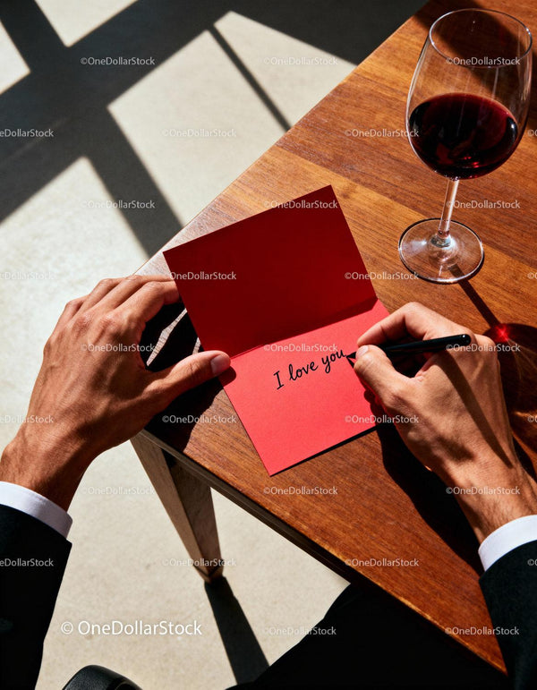Man writing a heartfelt love message on red card