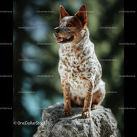 Australian Shepherd Dog Perched on Rock in Forest Nature Scene