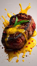 Juicy Grilled Steak with Yellow Sauce and Fresh Herbs