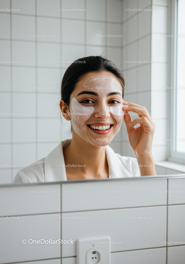 Smiling woman applying skincare under-eye patches