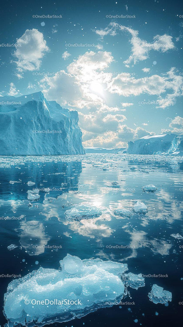 Majestic Icebergs Floating in Calm Arctic Ocean Under Bright Sky