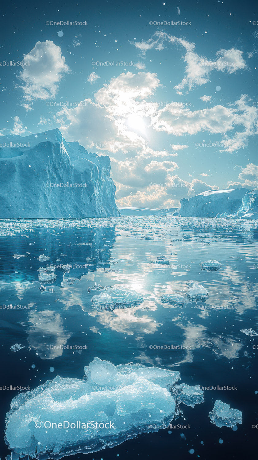 Majestic Icebergs Floating in Calm Arctic Ocean Under Bright Sky