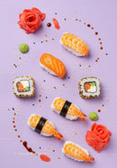 Assorted sushi with shrimp and salmon on lilac background