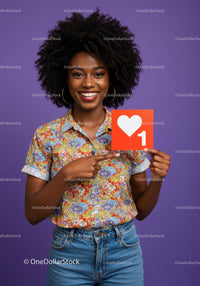 Vibrant Young Woman Holding Like Icon in Bright Casual Outfit