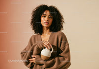 Portrait of a Confident Woman with Curly Hair Holding a Ceramic Vase in Brown Sweater