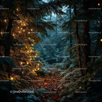Mystical forest path illuminated by warm fairy lights