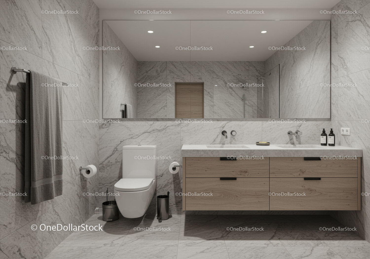 Elegant Modern Bathroom with Marble Walls and Wooden Vanity