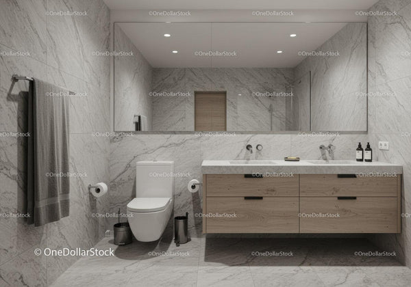 Elegant Modern Bathroom with Marble Walls and Wooden Vanity