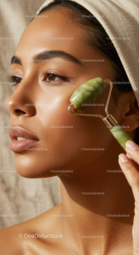 Close-Up of a Woman Using Jade Roller for Facial Massage