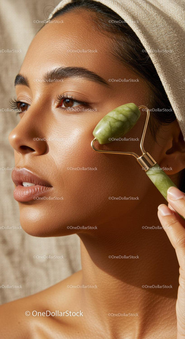 Close-Up of a Woman Using Jade Roller for Facial Massage