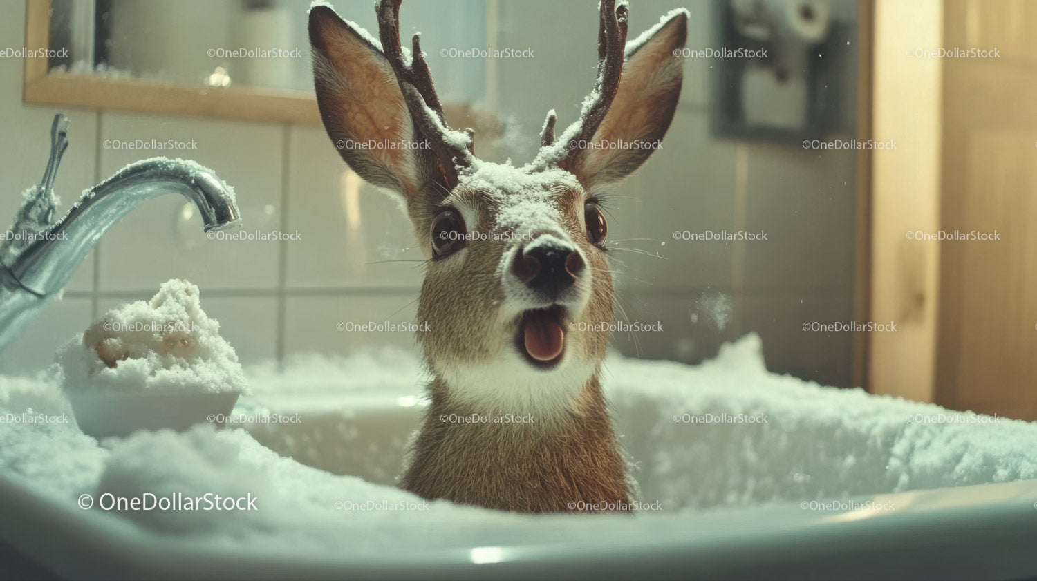Cute Reindeer with Snowy Antlers in Winter Scene