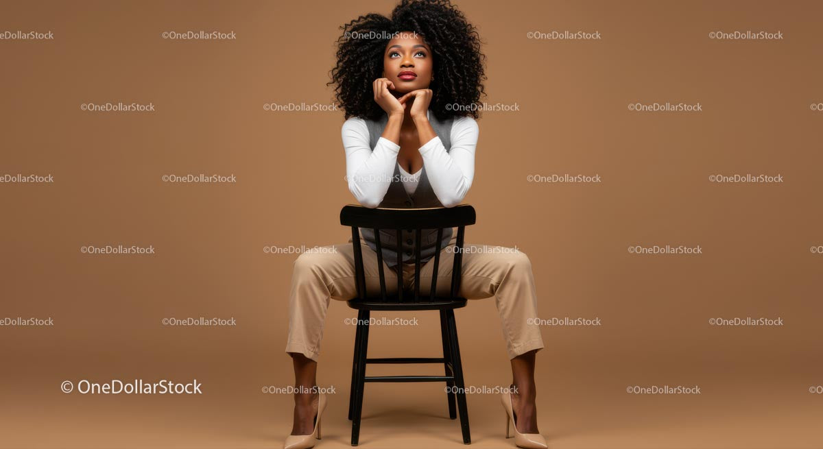 Stylish Confident Woman Sitting on Chair in Modern Studio