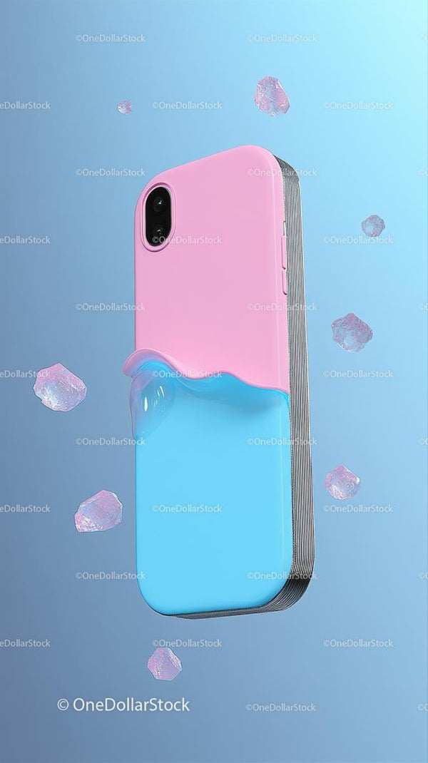 Colorful Pink and Blue Smartphone with Ice Cubes for Trendy Tech
