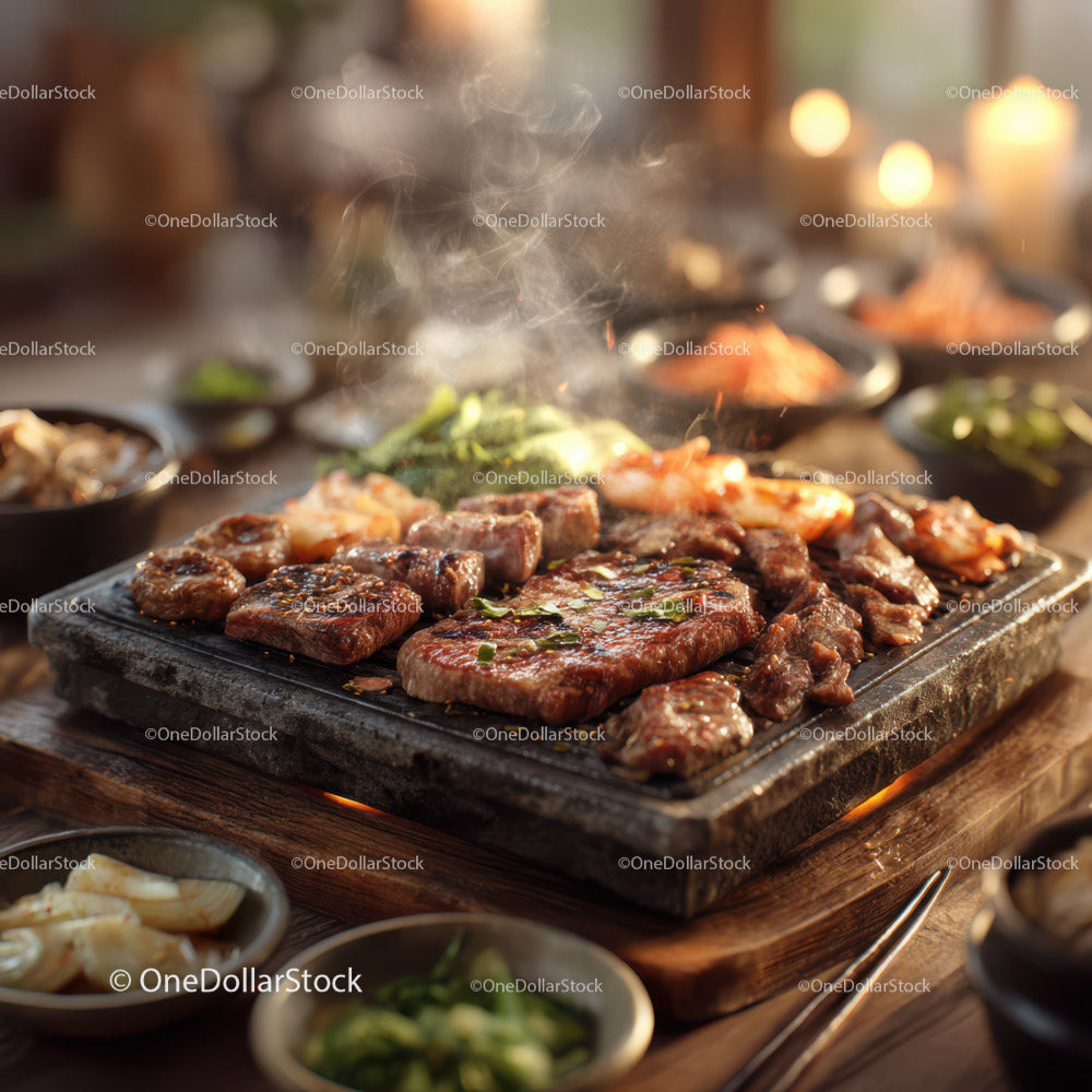 Korean Tabletop Barbecue with Sizzling Meat and Side Dishes
