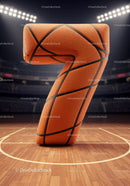 Basketball shaped number seven on court floor