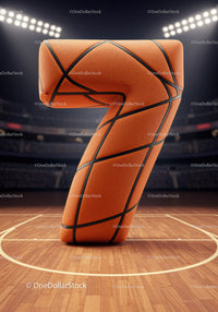 Basketball shaped number seven on court floor
