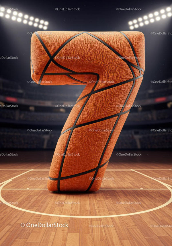 Basketball shaped number seven on court floor