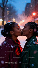 Loving LGBTQ Couple Sharing a Tender Kiss in Snowy Evening