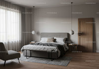 Contemporary Bedroom Interior with Neutral Tones and Wooden Accents