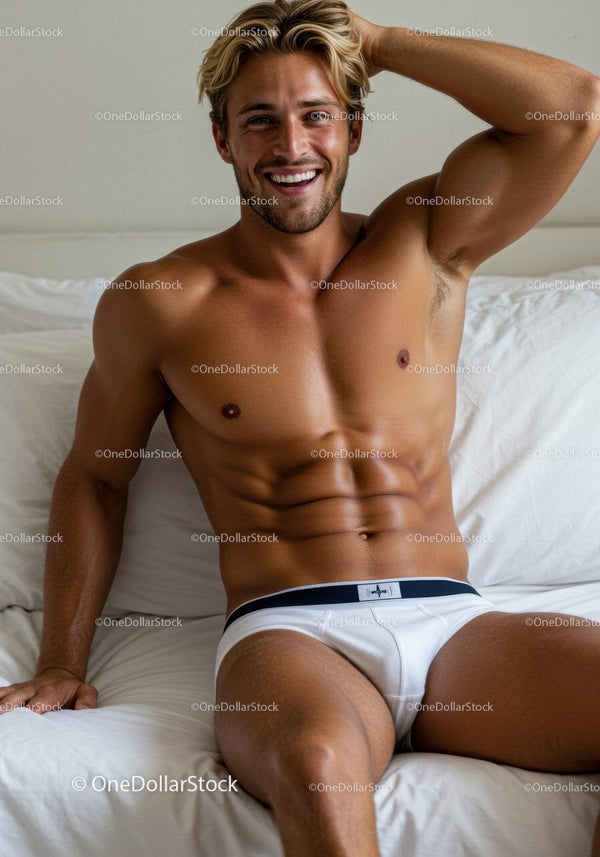 Smiling muscular man relaxing on bed in white underwear