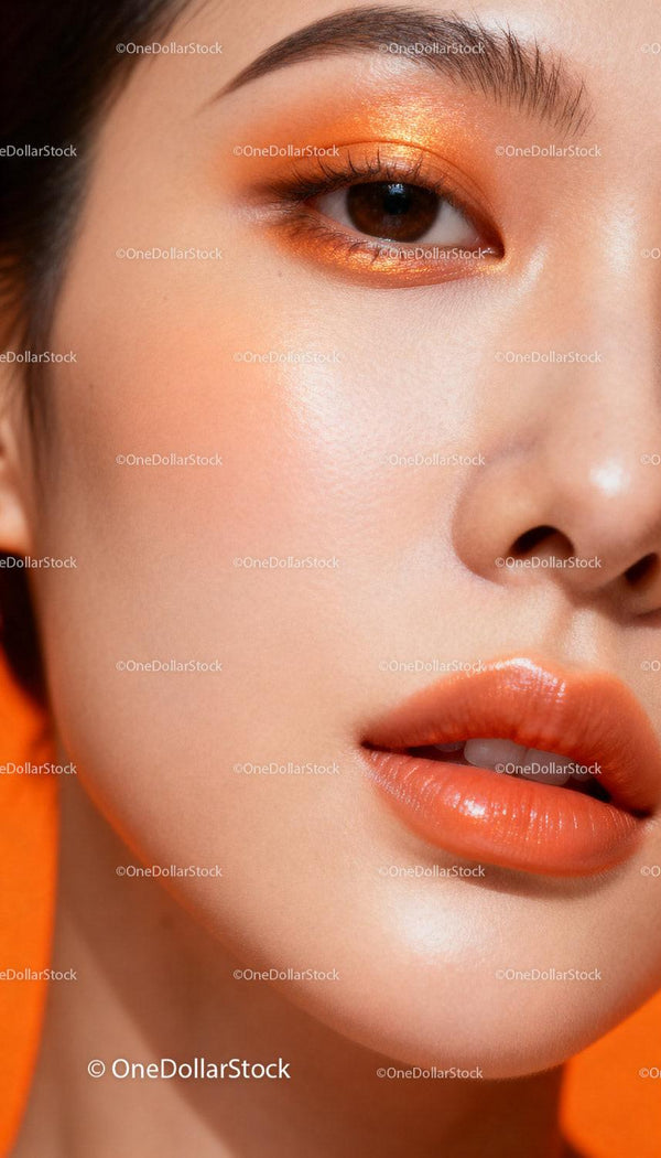 Close up of woman with vibrant orange makeup