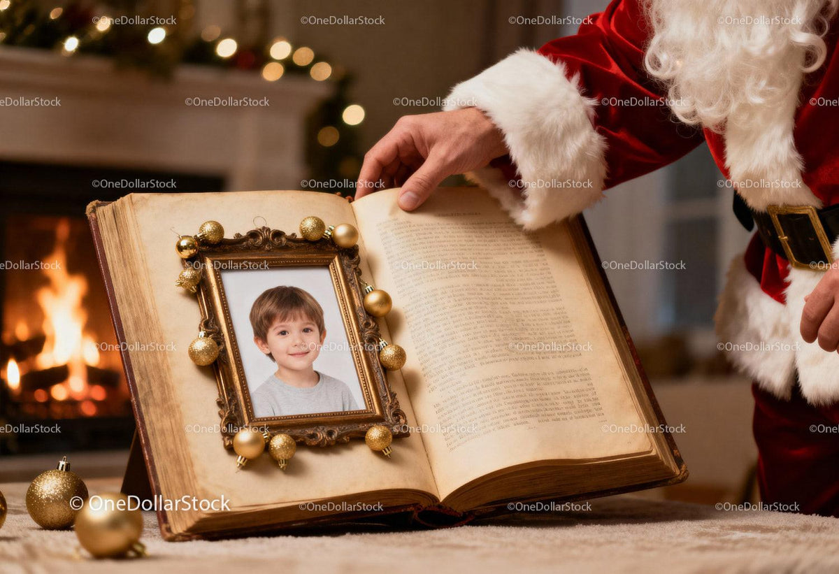 Santa Claus Holding Vintage Christmas Storybook with Photo Frame