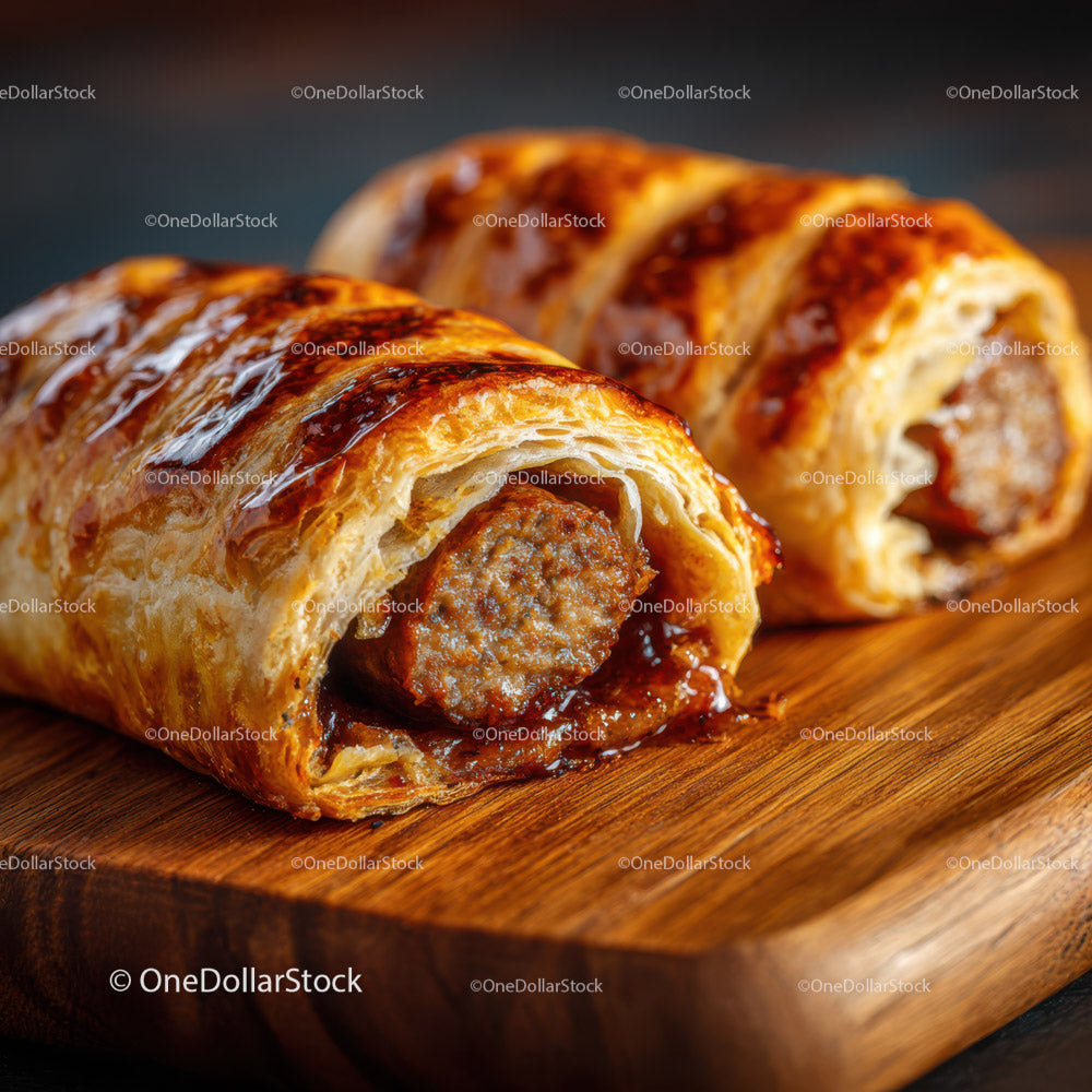 Crispy Meat Sausage Roll with Golden Flaky Pastry on Wooden Board