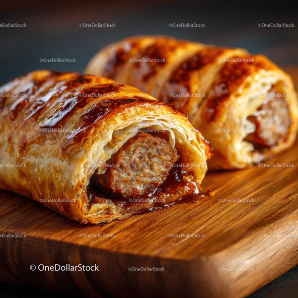 Crispy Meat Sausage Roll with Golden Flaky Pastry on Wooden Board