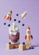 Smoothie pouch with blueberries and wooden rockets on blocks