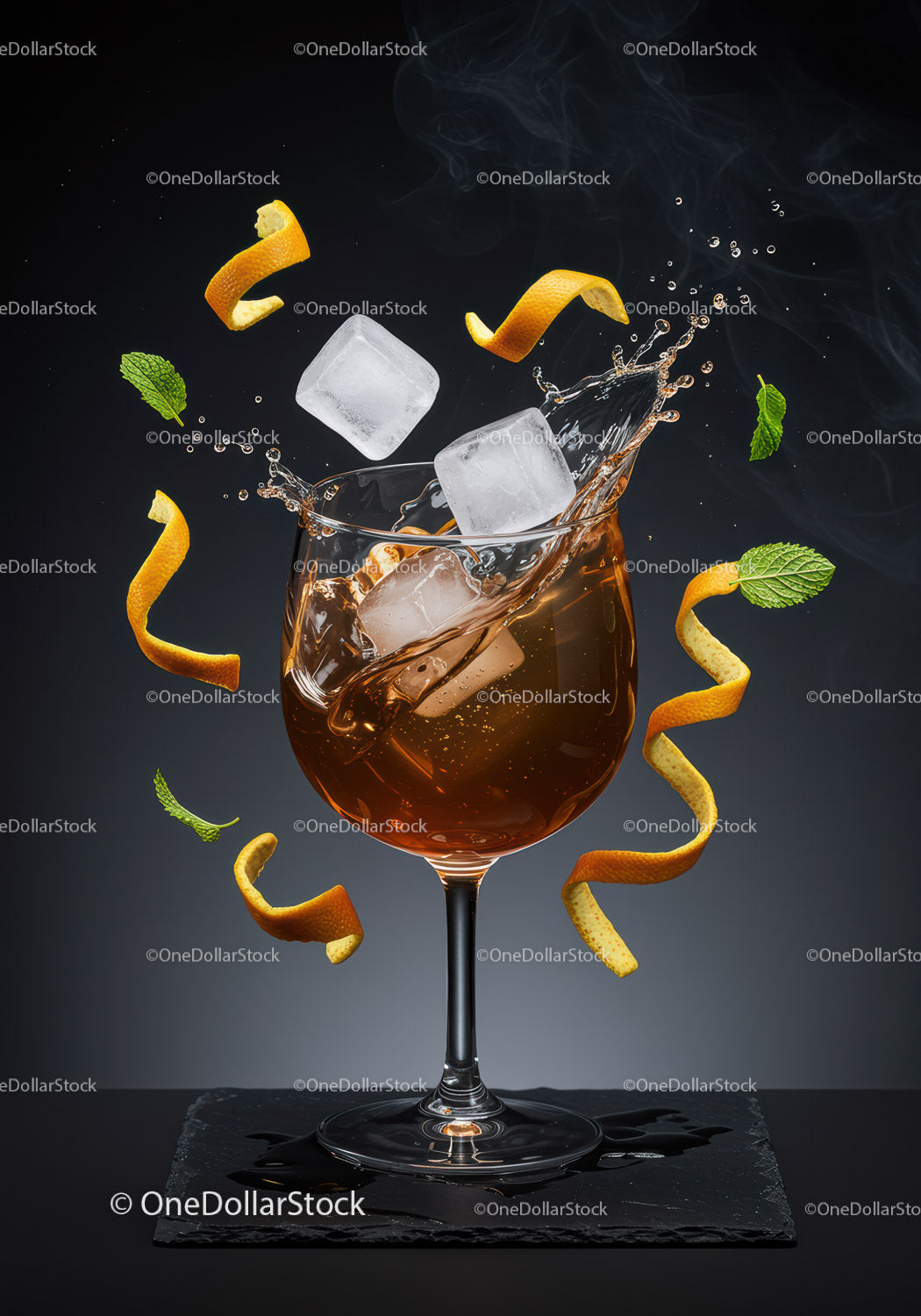 Refreshing cocktail splash with ice and citrus zest