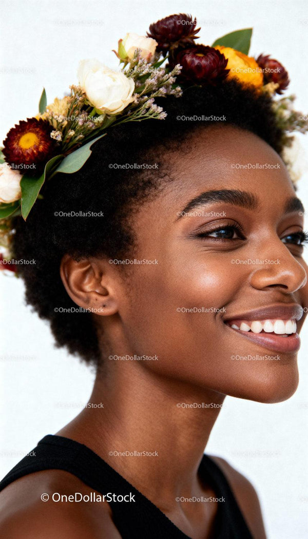 Happy woman wearing floral crown smiling outdoors