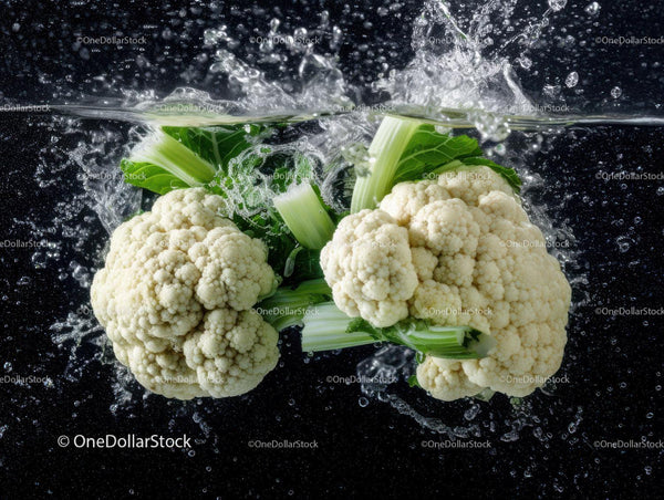 Fresh White Cauliflower with Green Leaves Under Water Splash