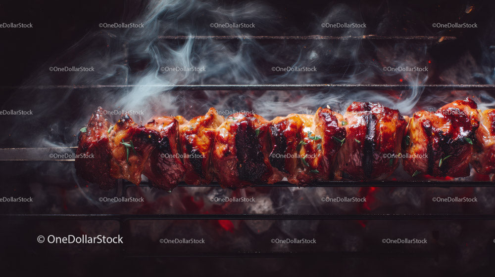 Juicy Grilled Meat Skewers with Charred Edges on Open Flame