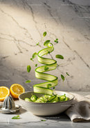 Fresh cucumber ribbons with mint and lemon citrus twist