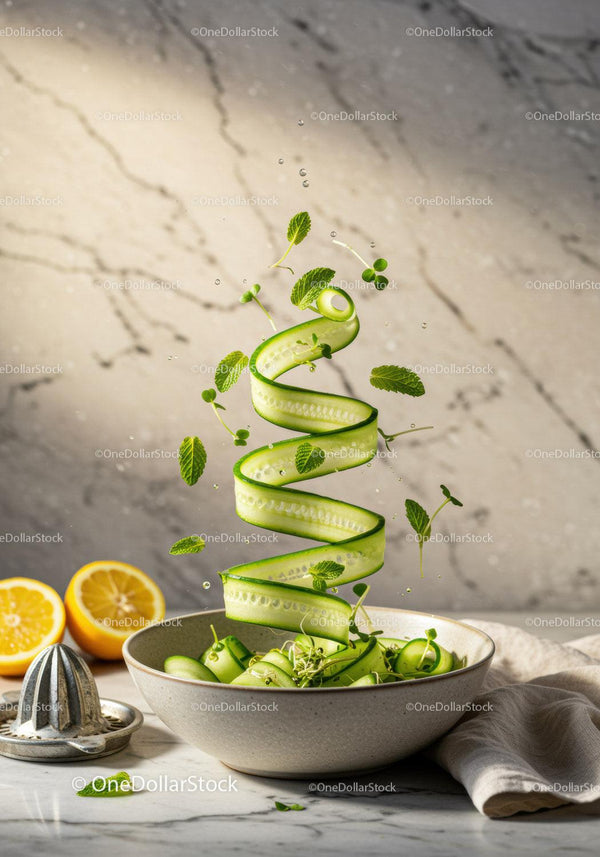 Fresh cucumber ribbons with mint and lemon citrus twist
