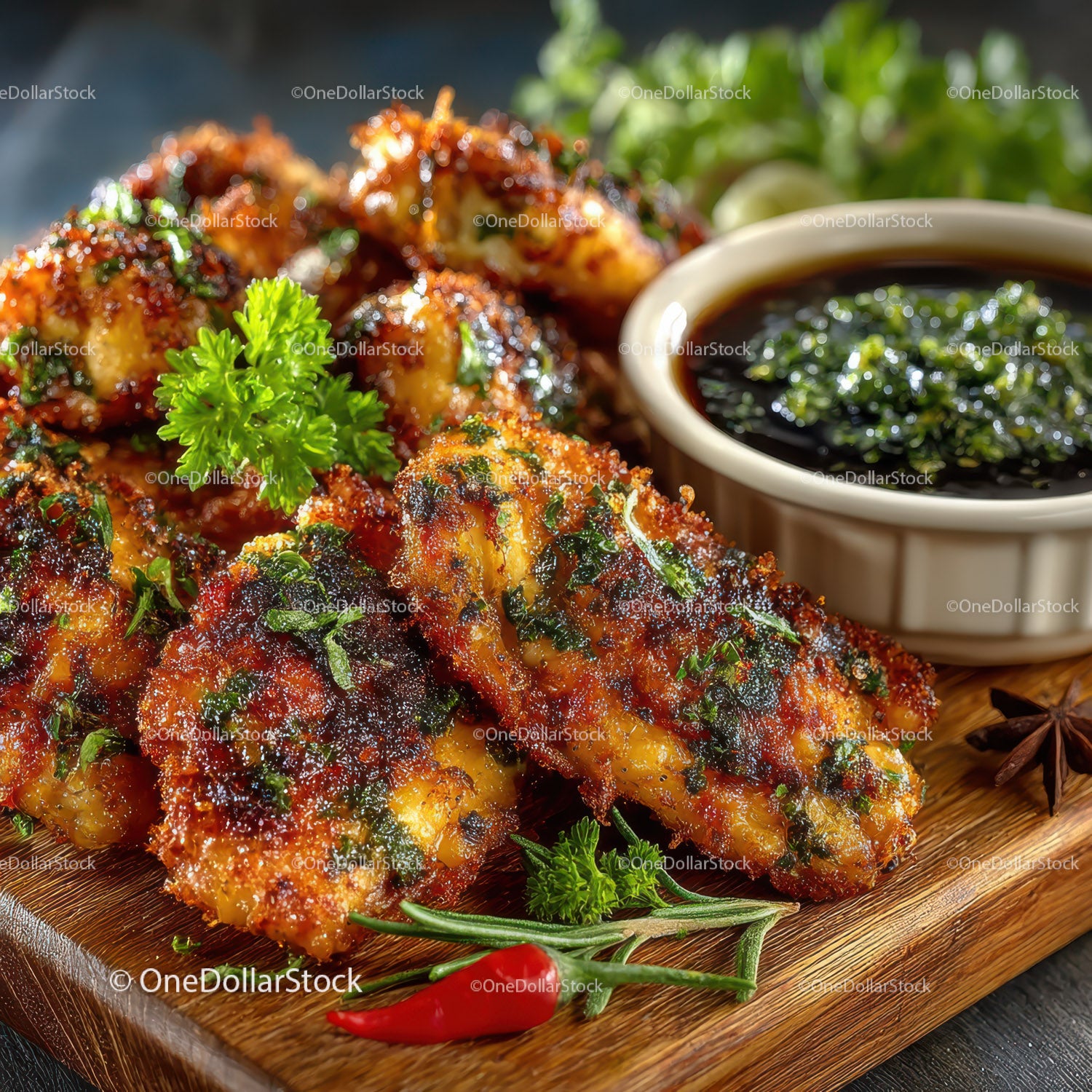 Crispy Fried Chicken Wings with Spicy Soy Dipping Sauce and Herbs