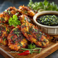 Crispy Fried Chicken Wings with Spicy Soy Dipping Sauce and Herbs