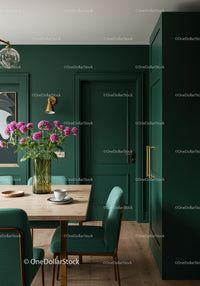 Stylish Green Dining Room with Wooden Table and Purple Hydrangea