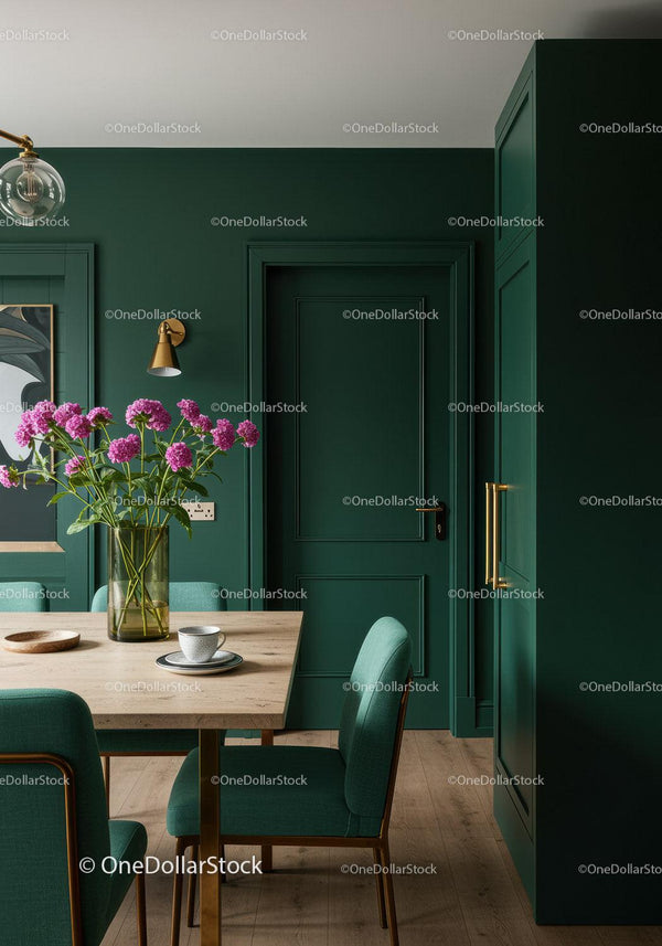 Stylish Green Dining Room with Wooden Table and Purple Hydrangea