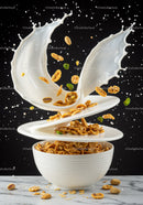 Flying cereal flakes and milk splash over bowl