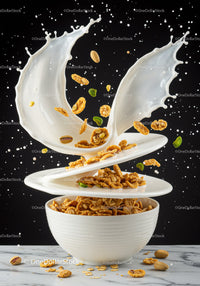 Flying cereal flakes and milk splash over bowl