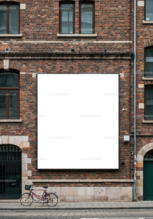 Vintage bicycle parked by red brick wall with blank billboard JPG Mockup Image