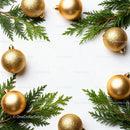 Golden Christmas Ornaments with Fresh Greenery on White