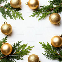 Golden Christmas Ornaments with Fresh Greenery on White