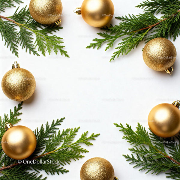Golden Christmas Ornaments with Fresh Greenery on White