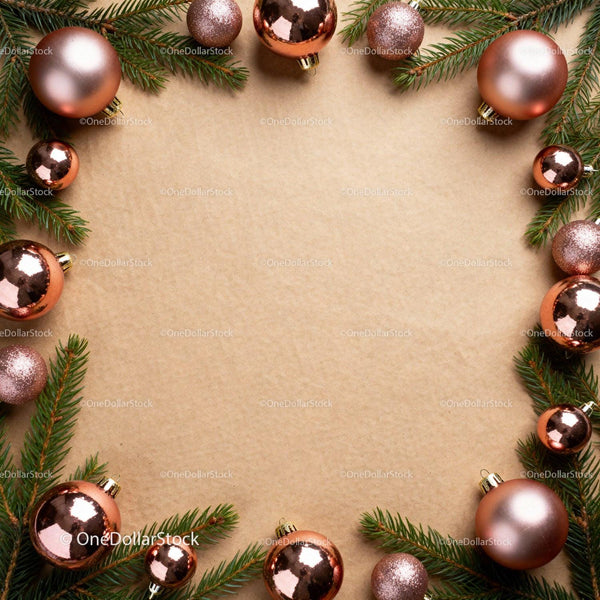 Christmas baubles and pine branches flat lay frame