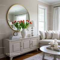 Stylish Living Room with White Furniture and Fresh Tulips